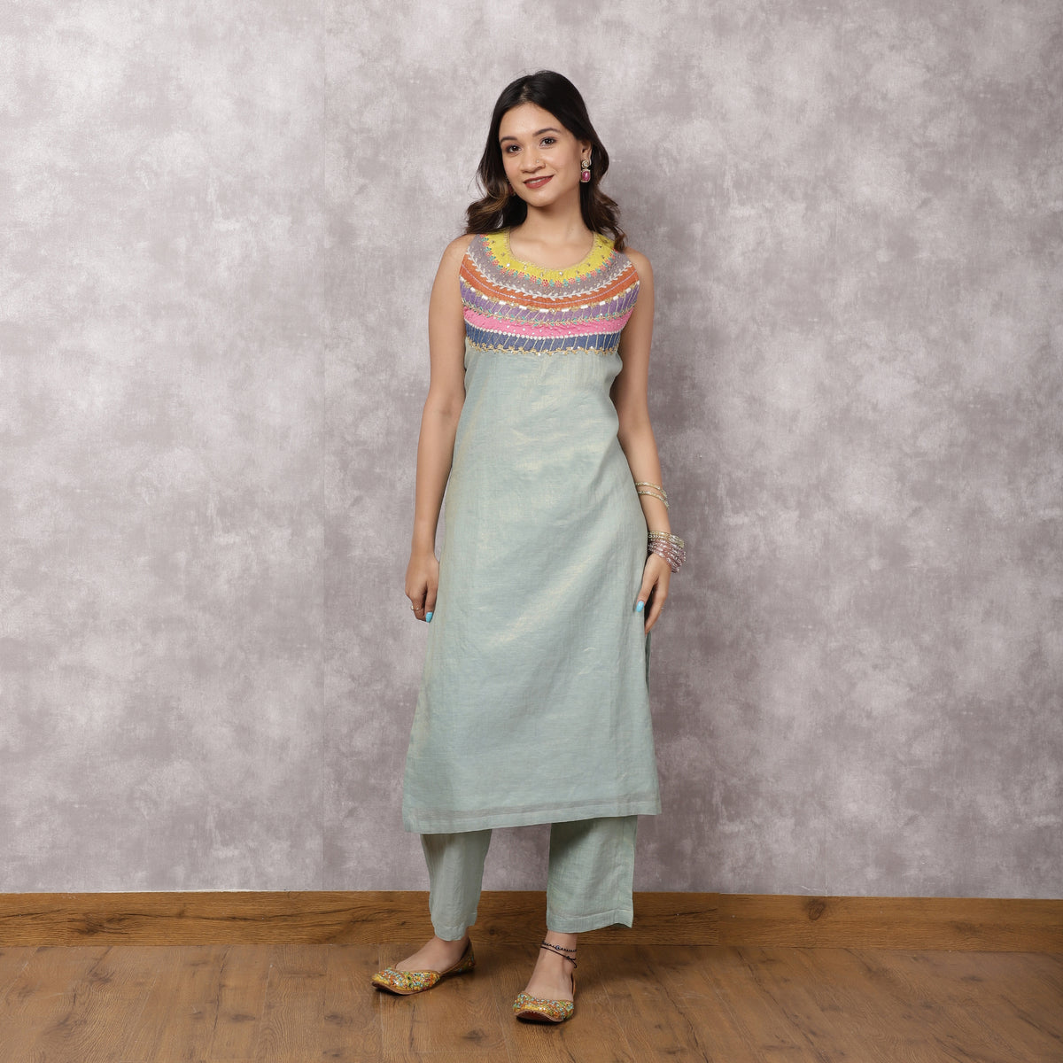Aqua Tissue Chanderi Colorblock Yoke Suit Set