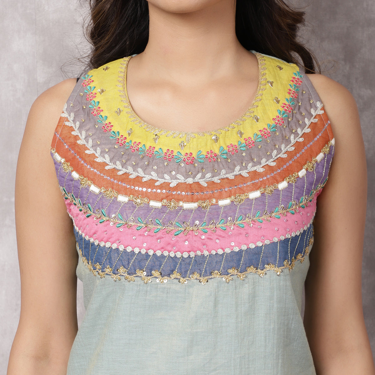 Aqua Tissue Chanderi Colorblock Yoke Suit Set with Dupatta