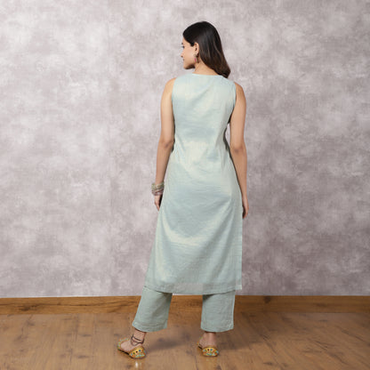 Aqua Tissue Chanderi Colorblock Yoke Suit Set