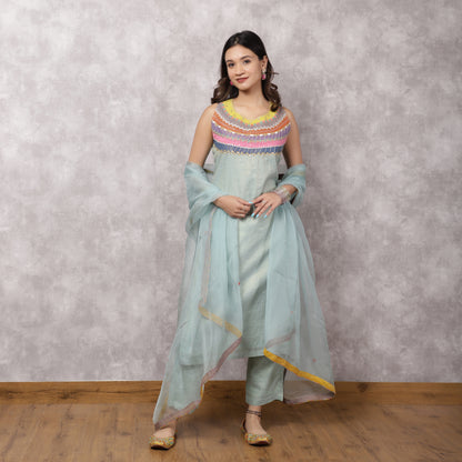 Aqua Tissue Chanderi Colorblock Yoke Suit Set with Dupatta