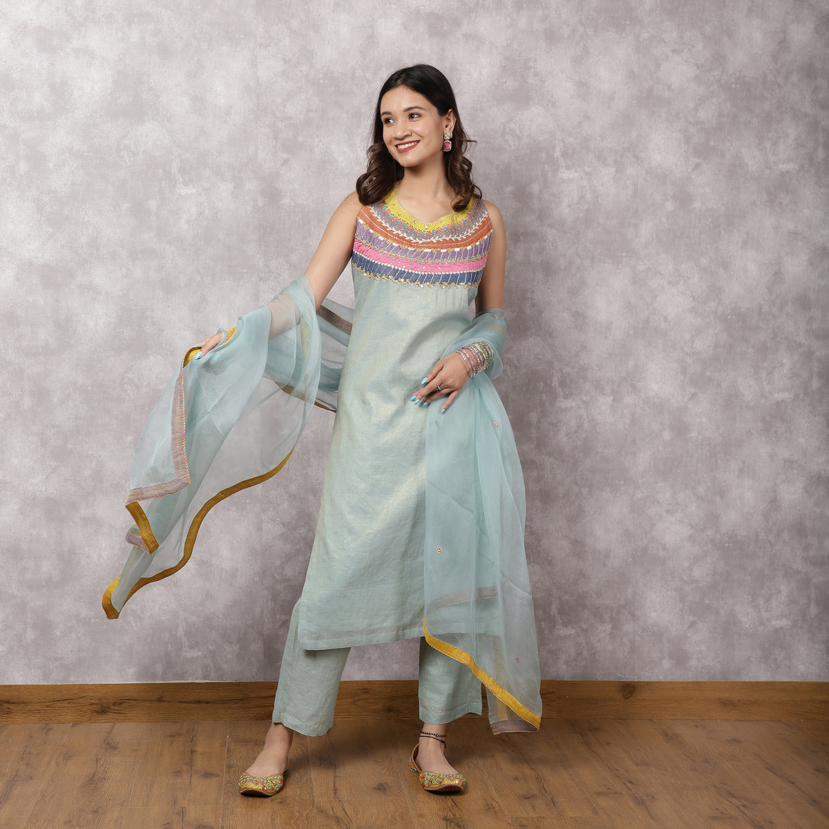 Aqua Tissue Chanderi Colorblock Yoke Suit Set with Dupatta
