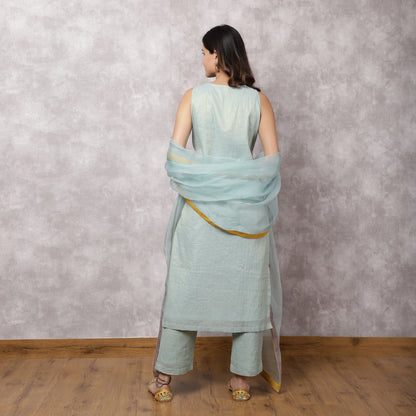 Aqua Tissue Chanderi Colorblock Yoke Suit Set with Dupatta
