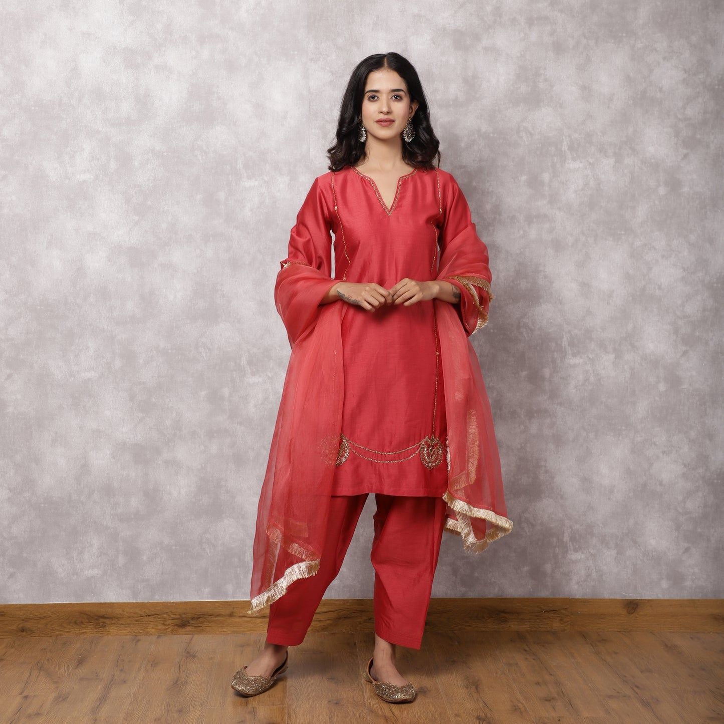 Coral Silk Chanderi Hand Embroidered suit Set with dupatta