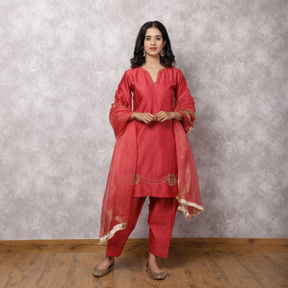 Coral Silk Chanderi Hand Embroidered suit Set with dupatta