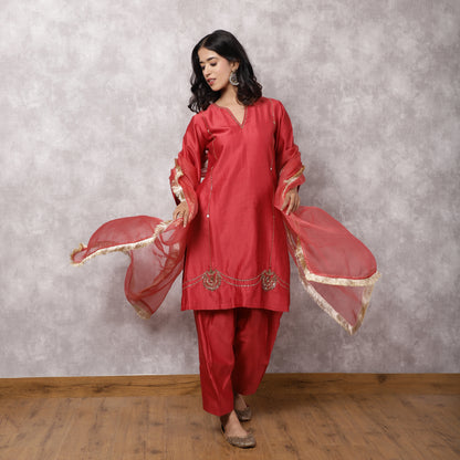 Coral Silk Chanderi Hand Embroidered suit Set with dupatta