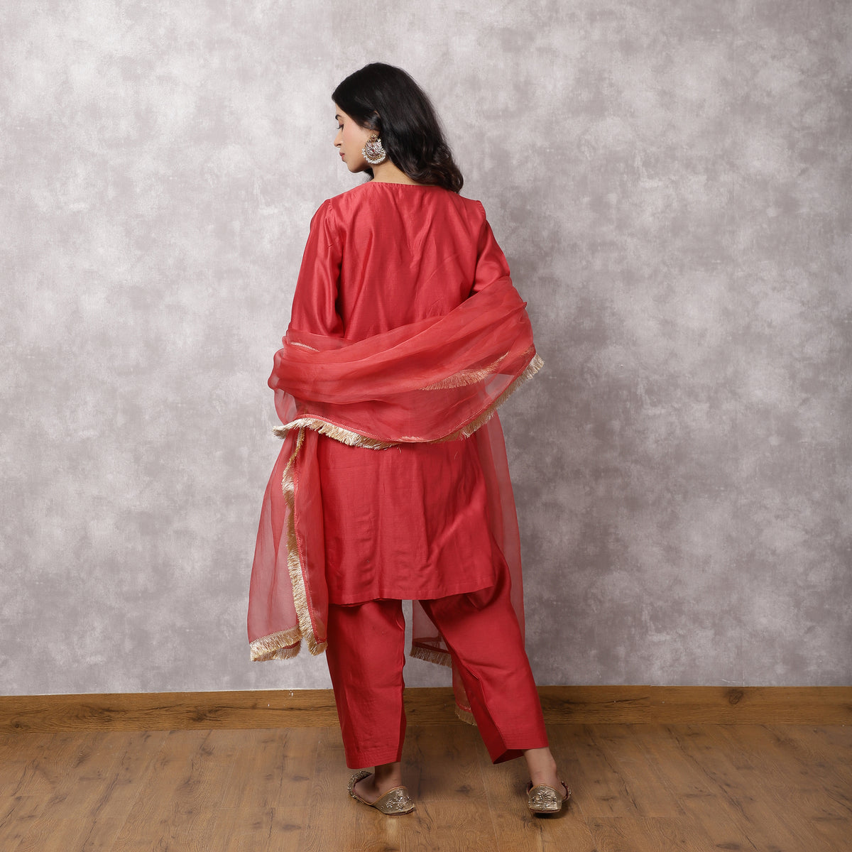 Coral Silk Chanderi Hand Embroidered suit Set with dupatta