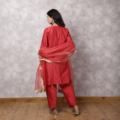 Coral Silk Chanderi Hand Embroidered suit Set with dupatta