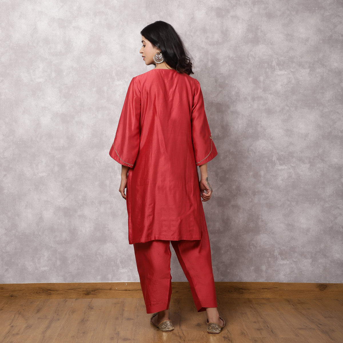 Coral Silk Chanderi Hand Embroidered suit Set with Salwar