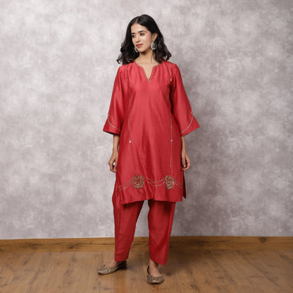 Coral Silk Chanderi Hand Embroidered suit Set with dupatta