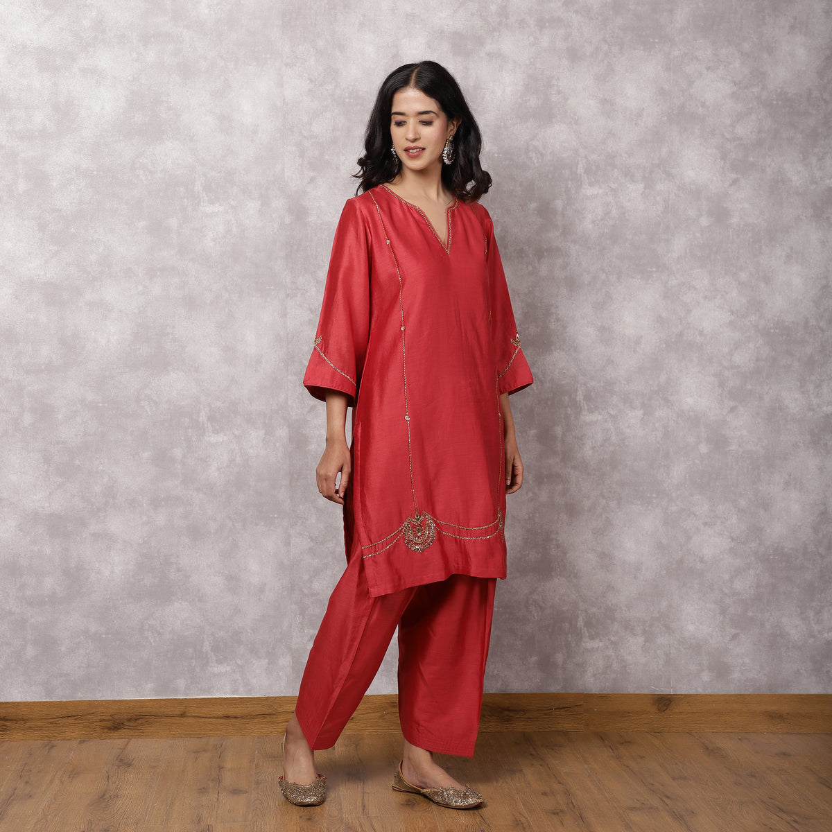 Coral Silk Chanderi Hand Embroidered suit Set with dupatta