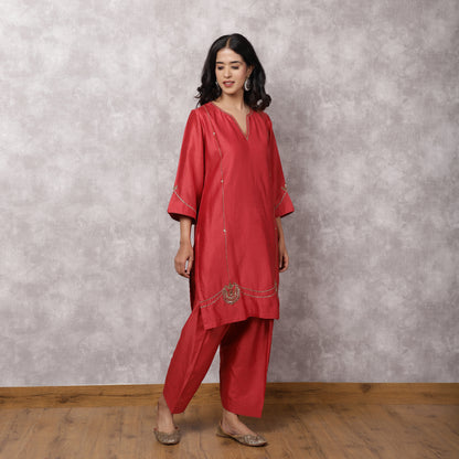 Coral Silk Chanderi Hand Embroidered suit Set with Salwar