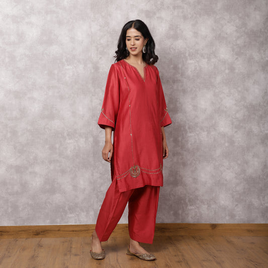 Coral Silk Chanderi Hand Embroidered suit Set with Salwar