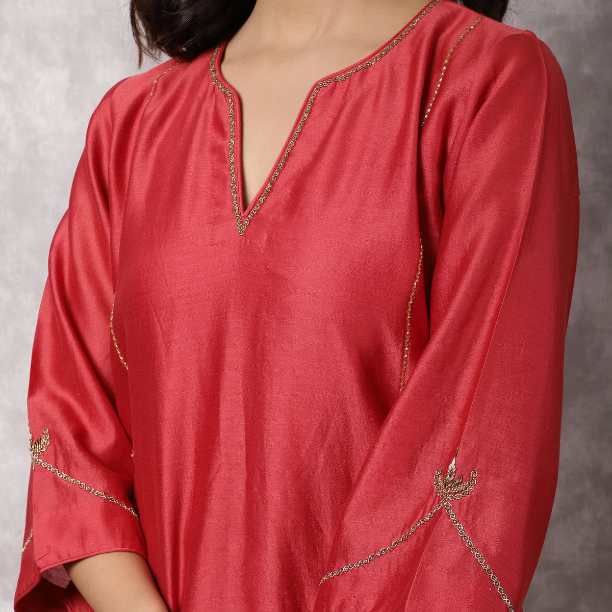 Coral Silk Chanderi Hand Embroidered suit Set with dupatta