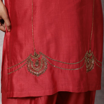 Coral Silk Chanderi Hand Embroidered suit Set with dupatta