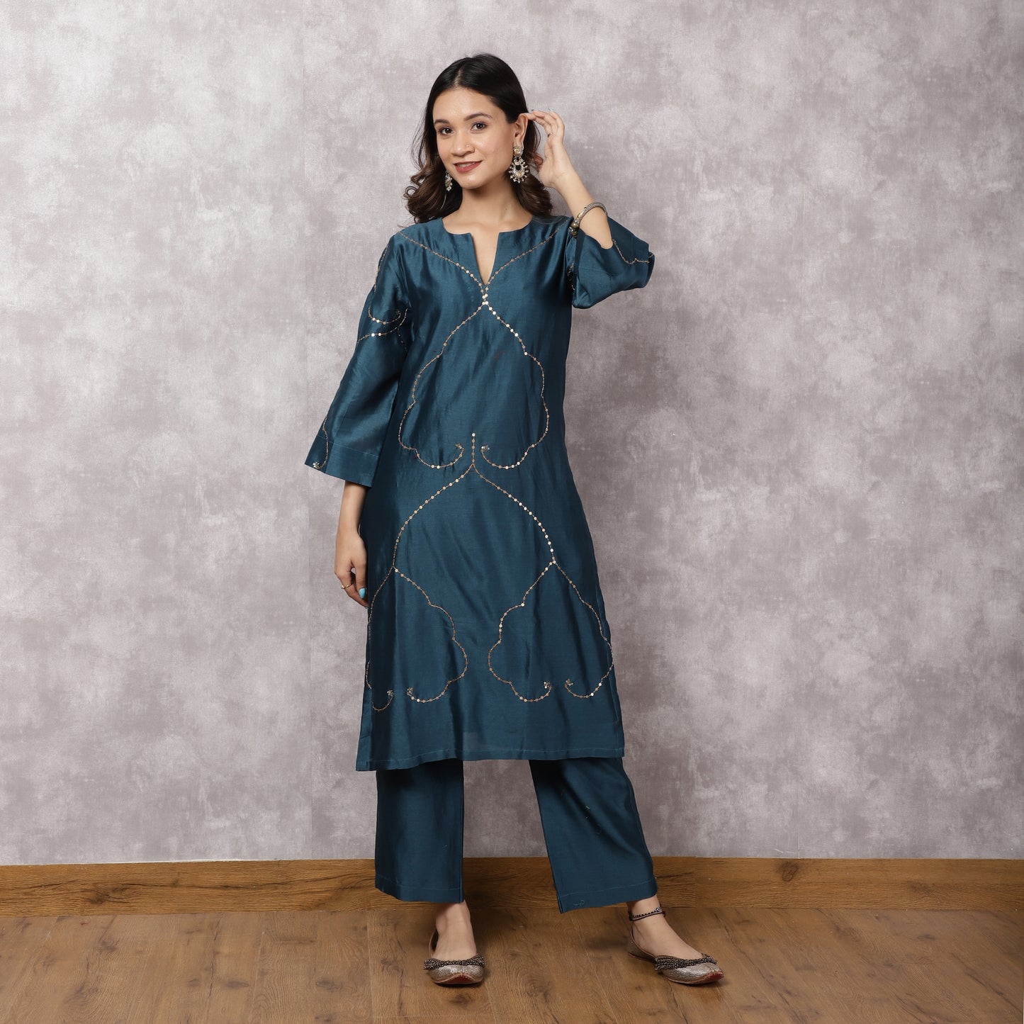 Teal Silk Chanderi Hand Embroidered Suit Set