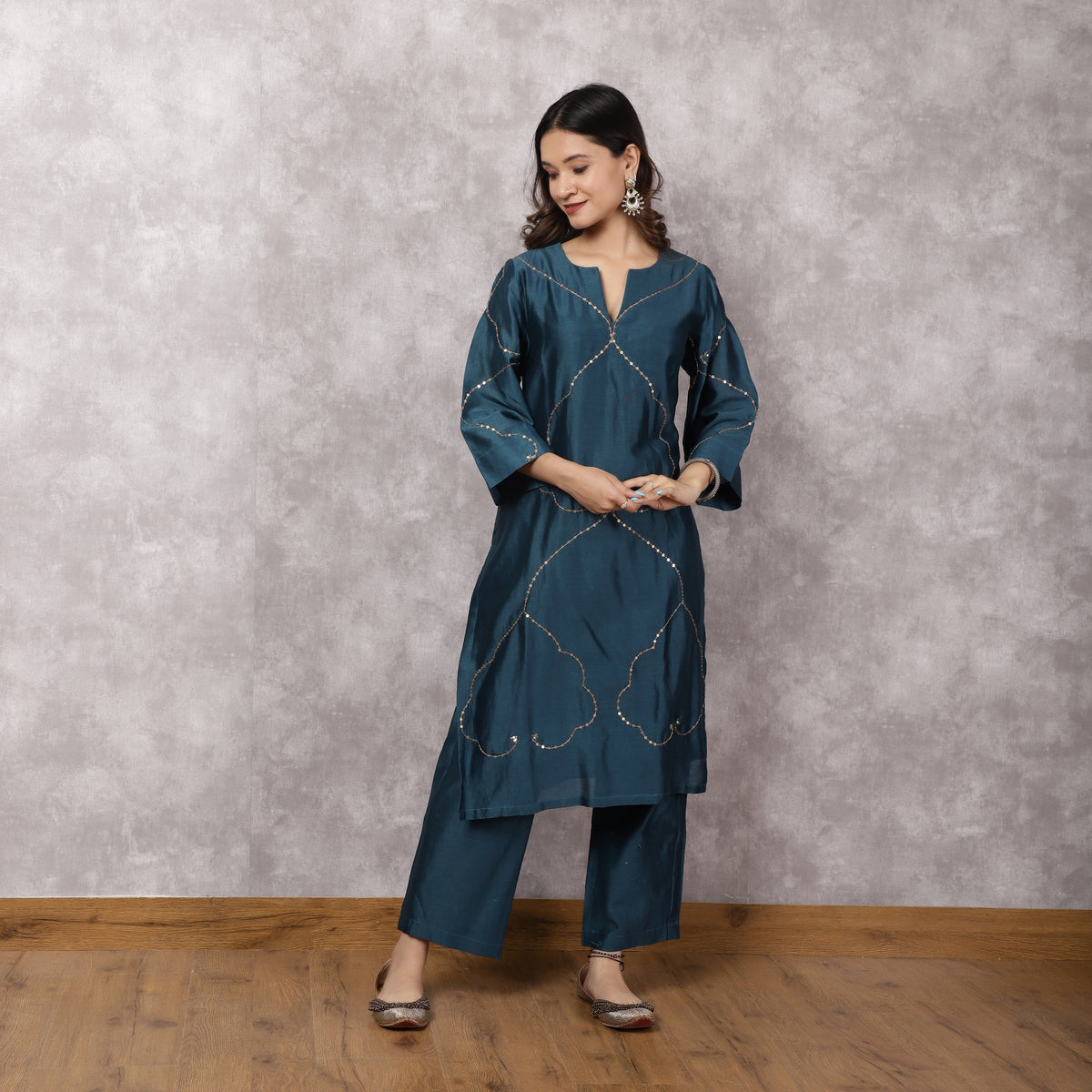 Teal Silk Chanderi Hand Embroidered Suit Set with dupatta
