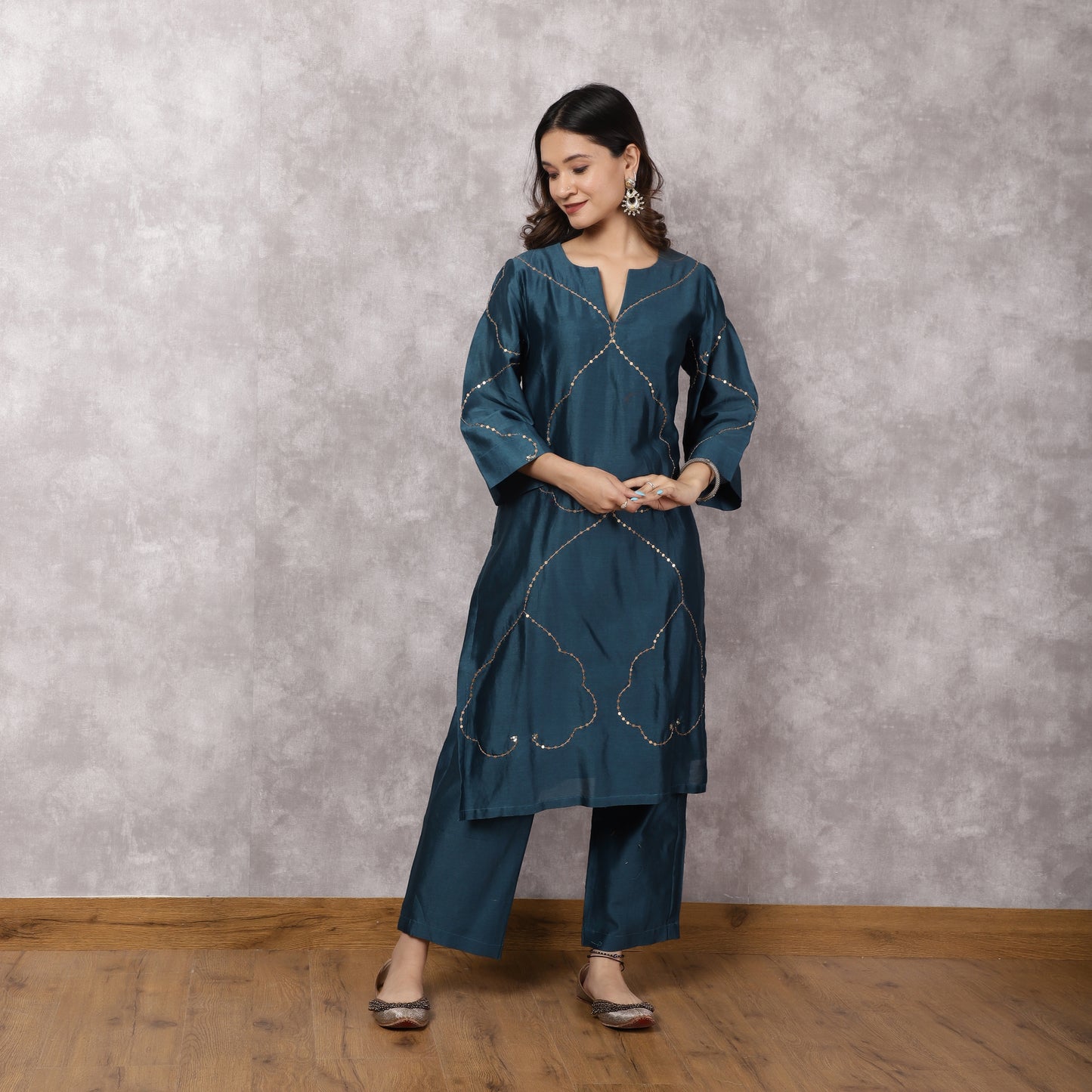 Teal Silk Chanderi Hand Embroidered Suit Set
