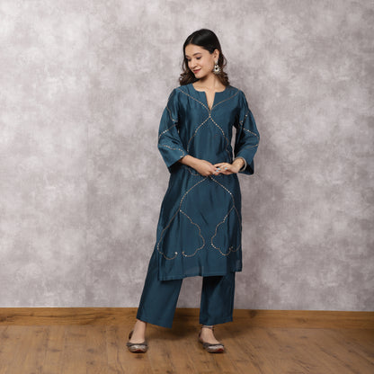 Teal Silk Chanderi Hand Embroidered Suit Set