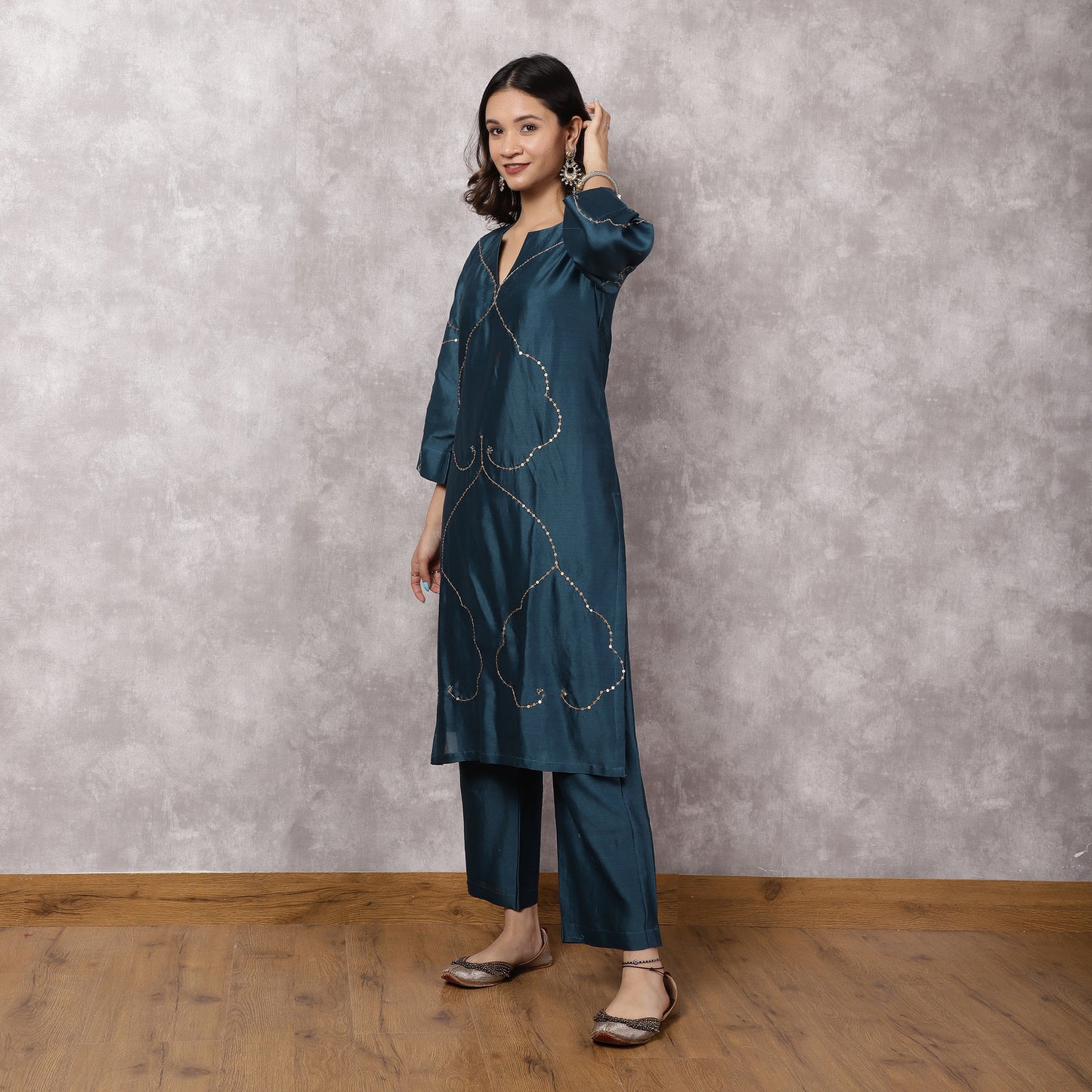 Teal Silk Chanderi Hand Embroidered Suit Set with dupatta