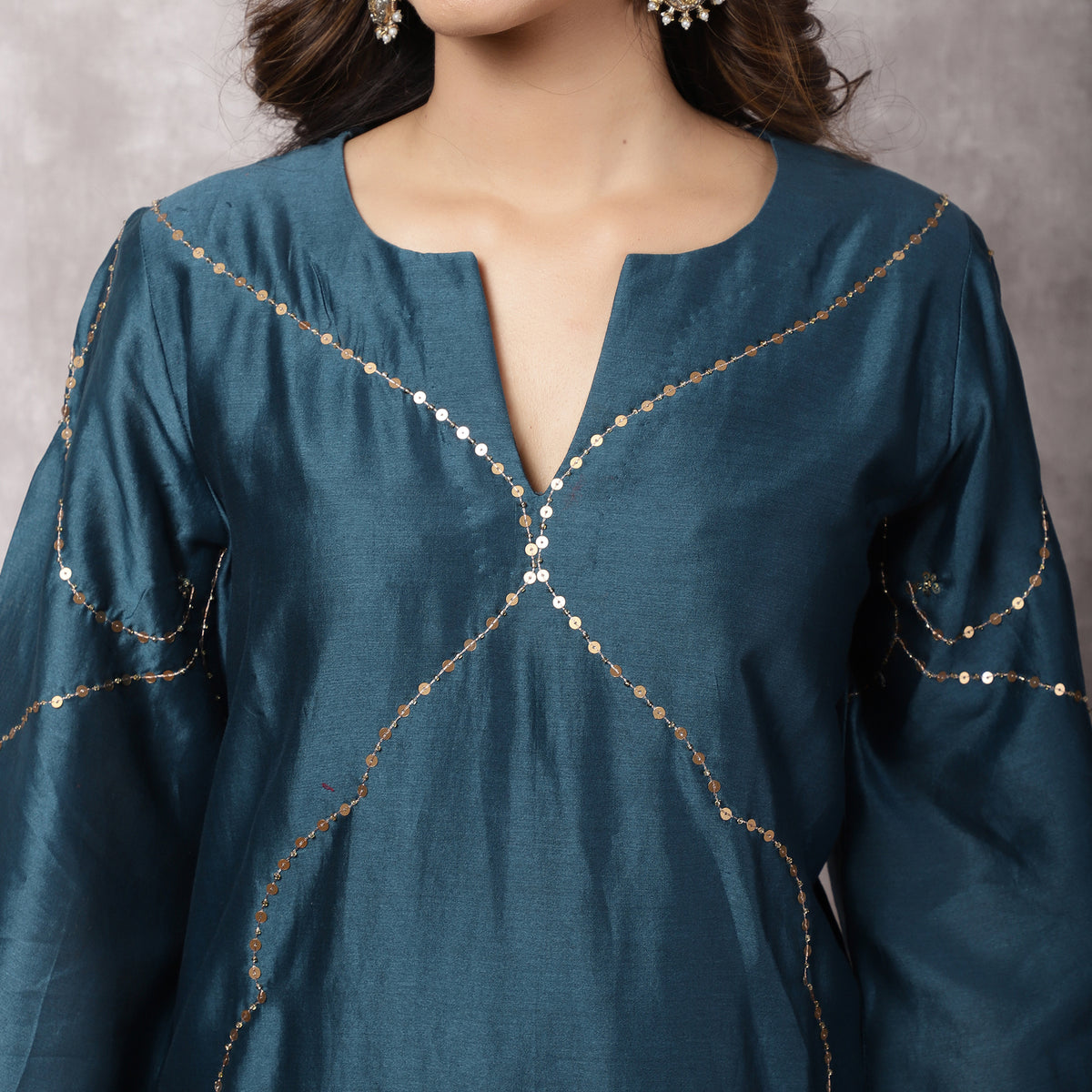 Teal Silk Chanderi Hand Embroidered Suit Set