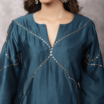 Teal Silk Chanderi Hand Embroidered Suit Set
