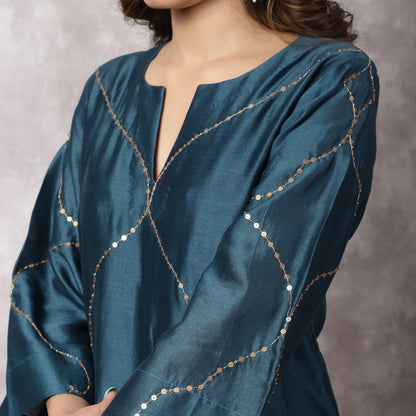Teal Silk Chanderi Hand Embroidered Suit Set with dupatta