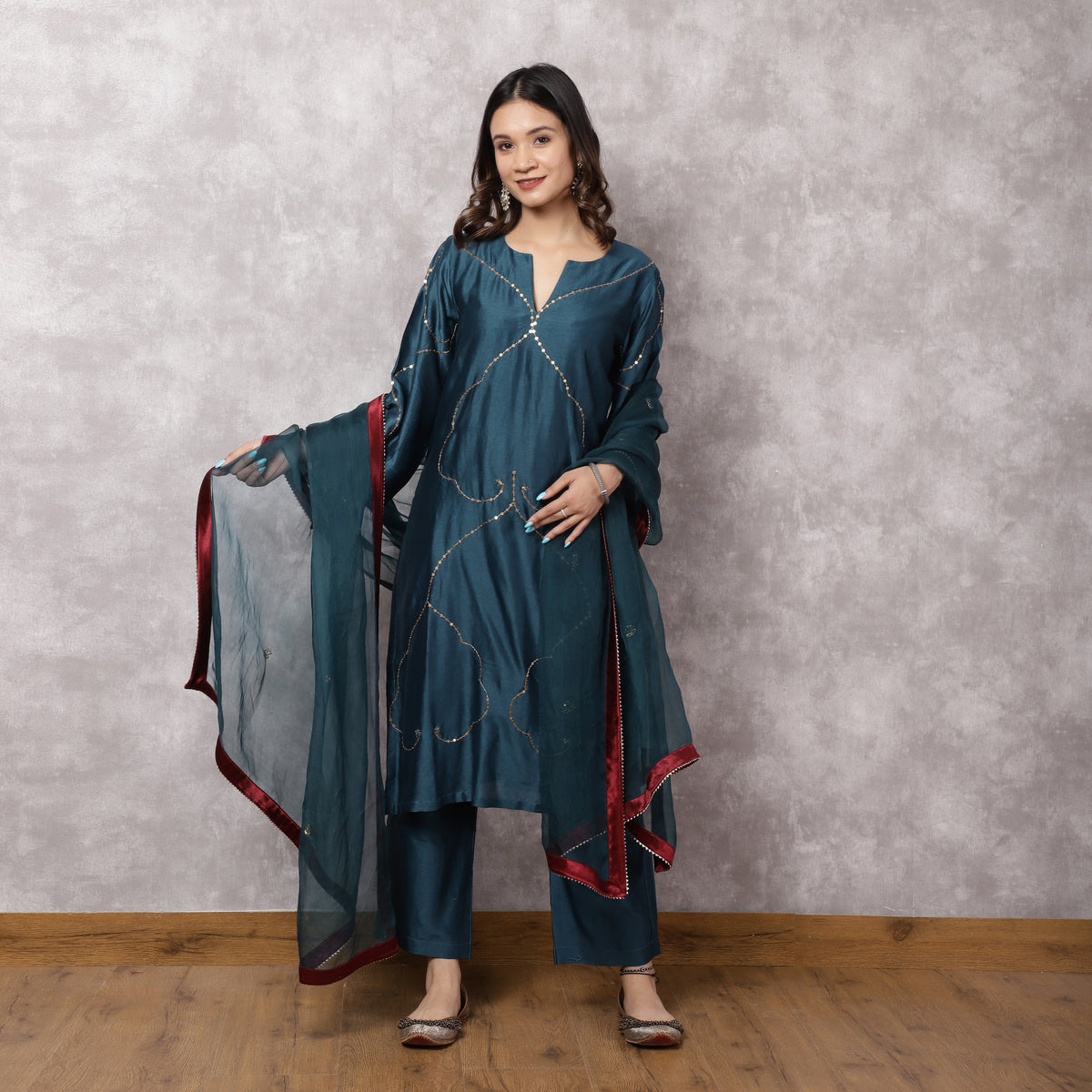 Teal Silk Chanderi Hand Embroidered Suit Set with dupatta