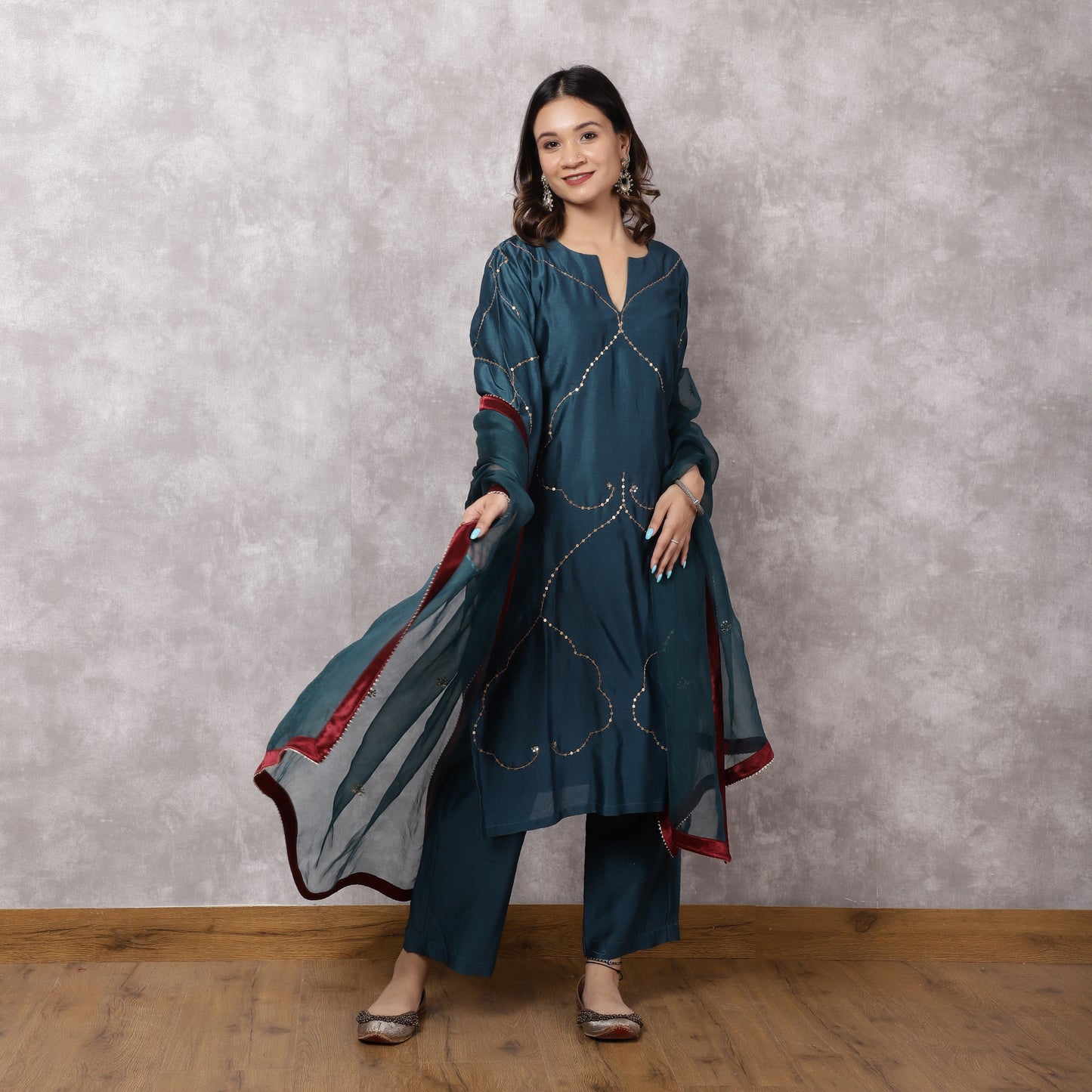 Teal Silk Chanderi Hand Embroidered Suit Set with dupatta