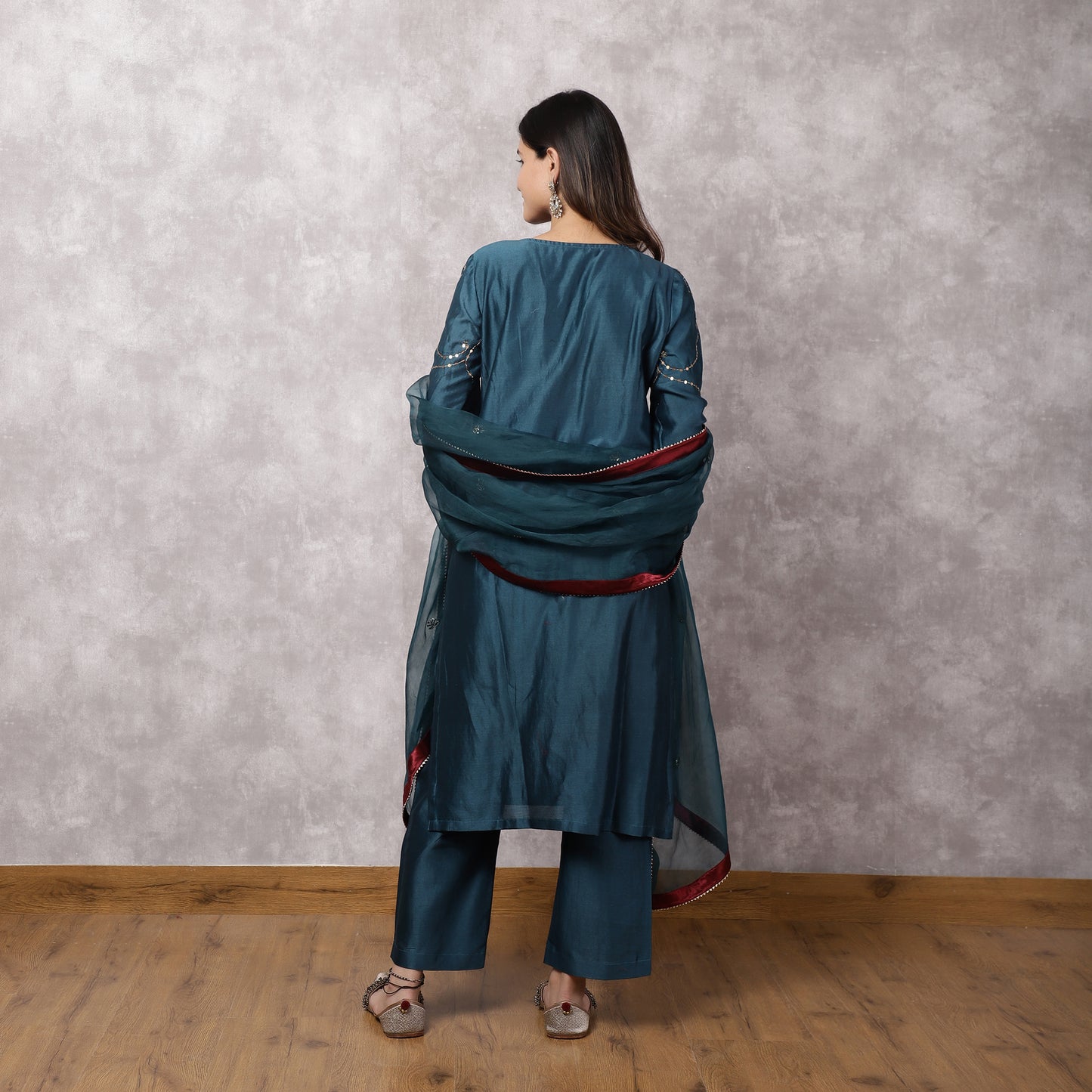 Teal Silk Chanderi Hand Embroidered Suit Set with dupatta