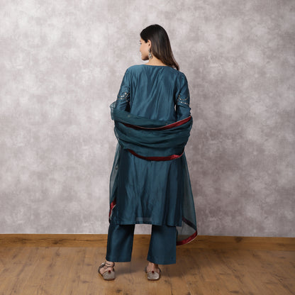 Teal Silk Chanderi Hand Embroidered Suit Set with dupatta