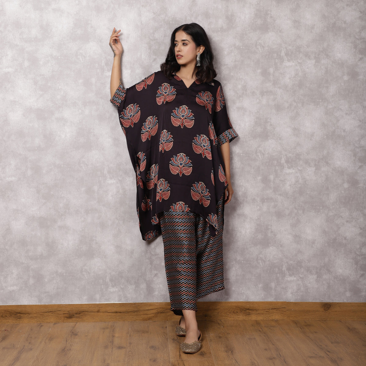 Black Ajrakh Modal Kaftan Kurta Set