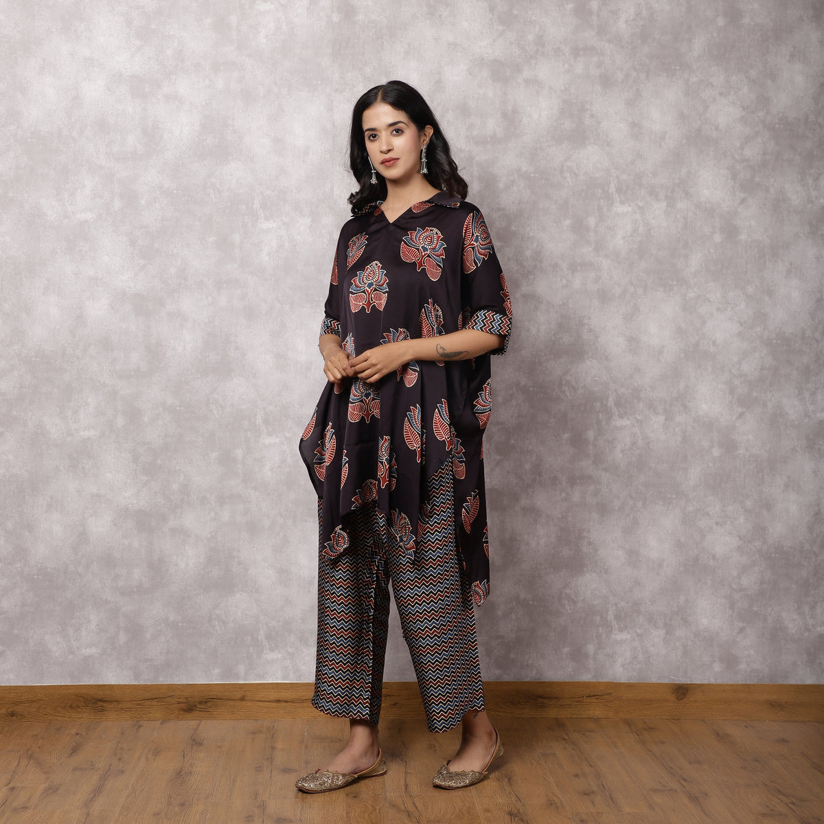 Black Ajrakh Modal Kaftan Kurta Set