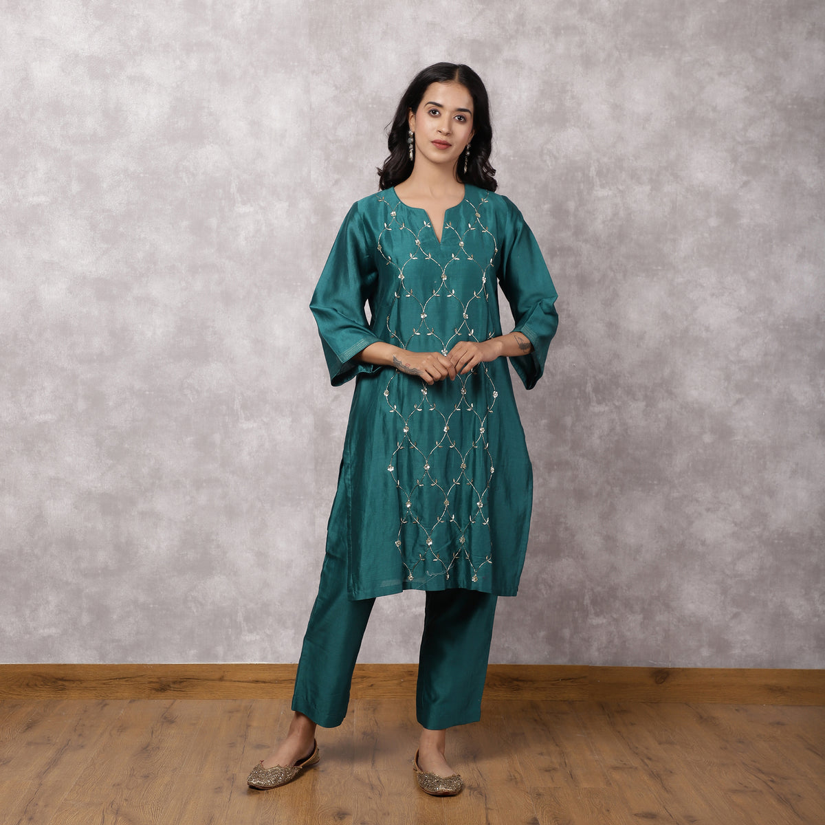 Teal Silk Chanderi Hand Embroidered Suit Set