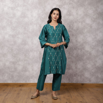 Teal Silk Chanderi Hand Embroidered Suit Set
