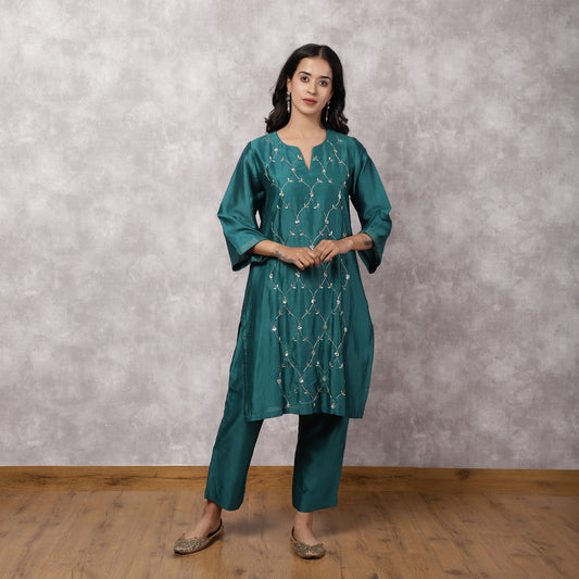 Teal Silk Chanderi Hand Embroidered Suit Set