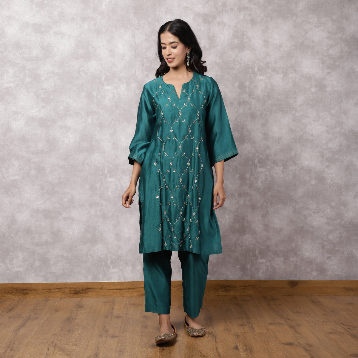 Teal Silk Chanderi Hand Embroidered Suit Set with Dupatta