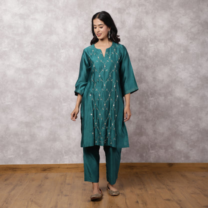 Teal Silk Chanderi Hand Embroidered Suit Set with Dupatta