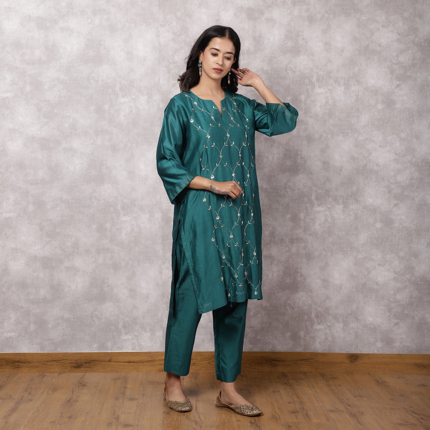 Teal Silk Chanderi Hand Embroidered Suit Set with Dupatta
