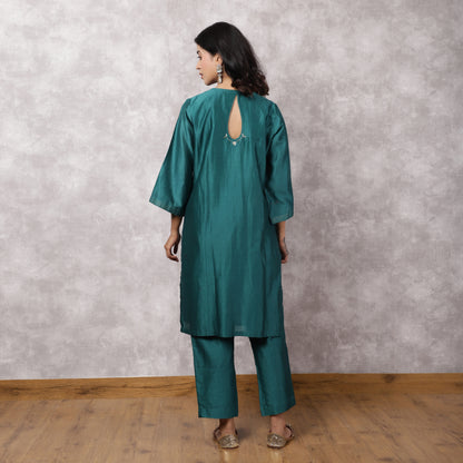 Teal Silk Chanderi Hand Embroidered Suit Set with Dupatta