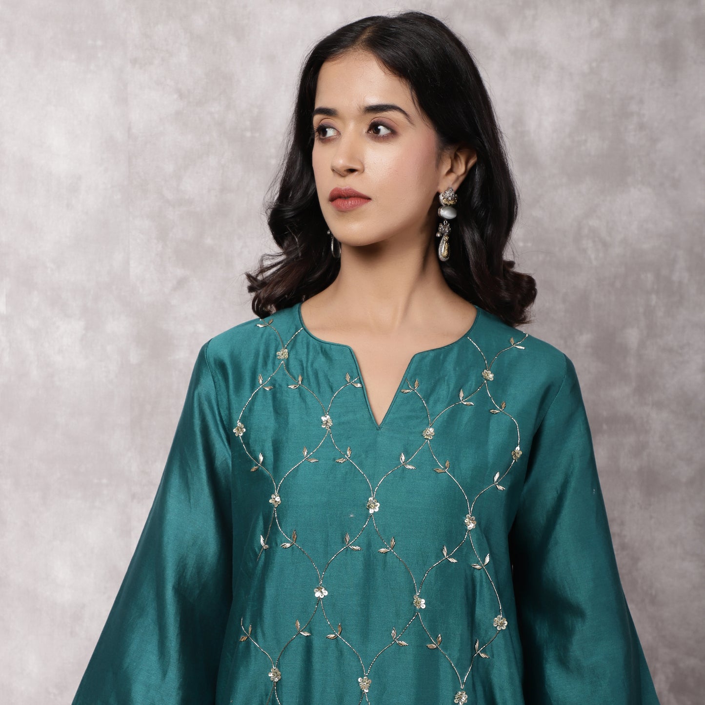 Teal Silk Chanderi Hand Embroidered Suit Set with Dupatta