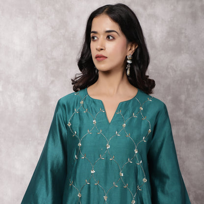 Teal Silk Chanderi Hand Embroidered Suit Set with Dupatta