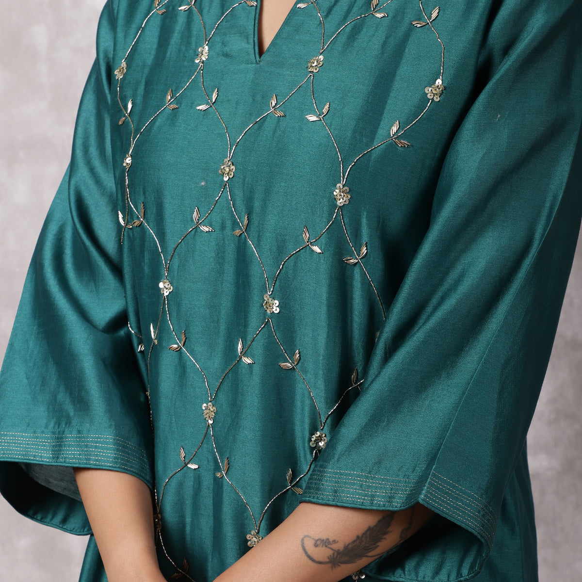 Teal Silk Chanderi Hand Embroidered Suit Set with Dupatta