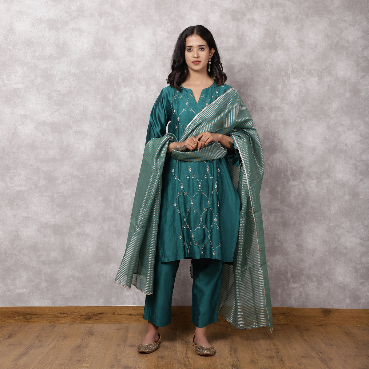 Teal Silk Chanderi Hand Embroidered Suit Set with Dupatta