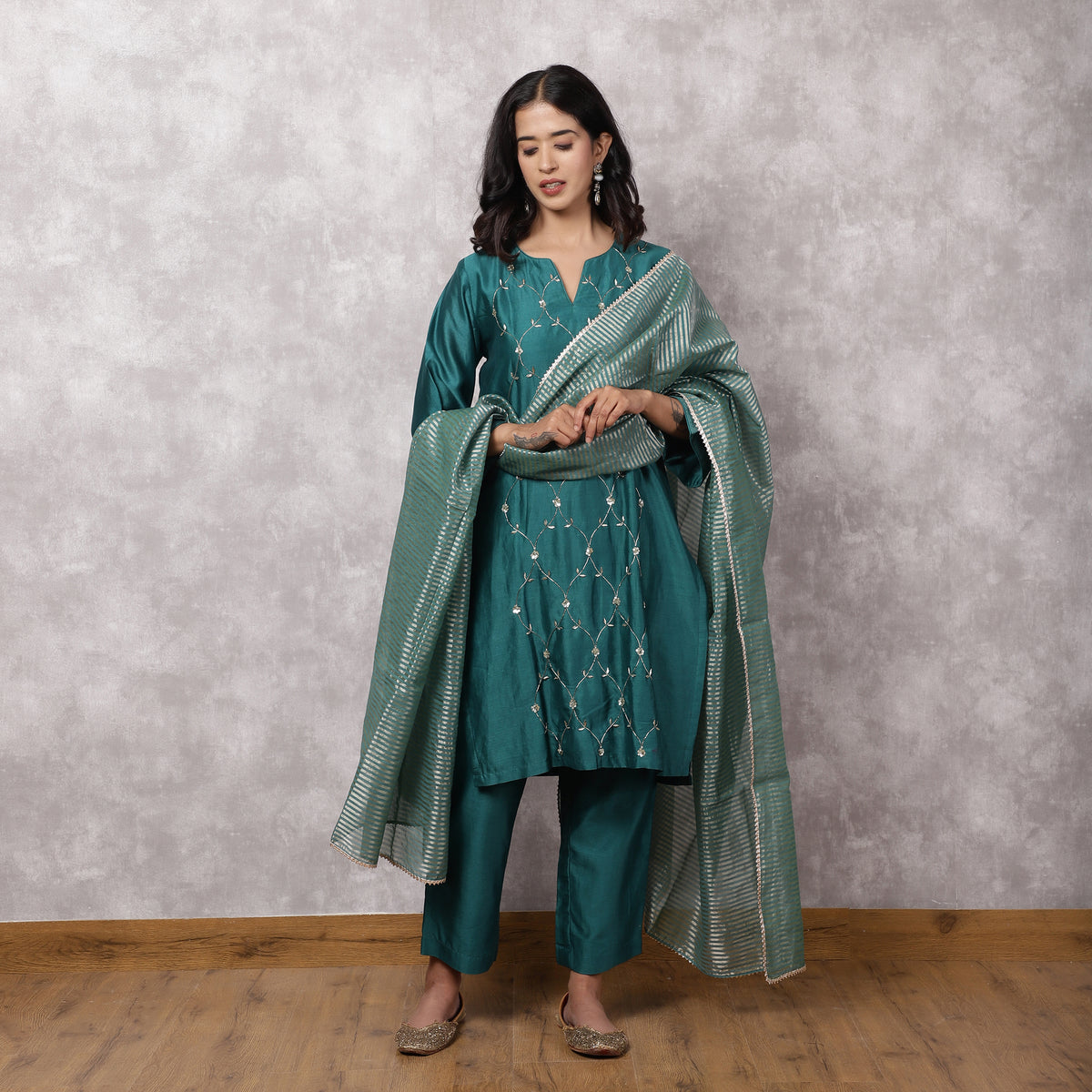 Teal Silk Chanderi Hand Embroidered Suit Set with Dupatta