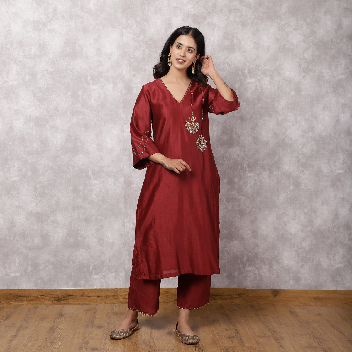 Maroon Chandbali Silk Chanderi kurta
