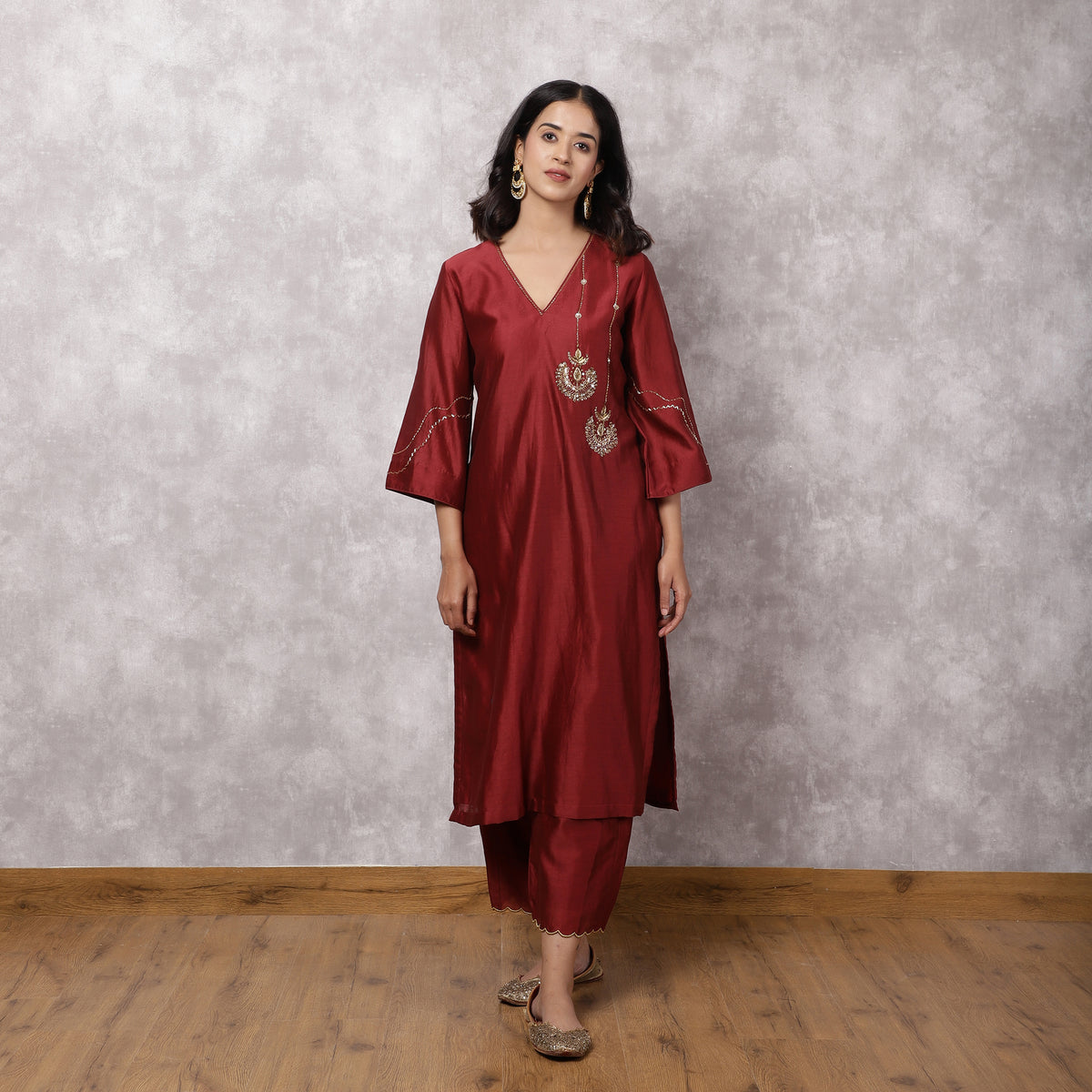 Maroon Chandbali Silk Chanderi Suit Set with dupatta