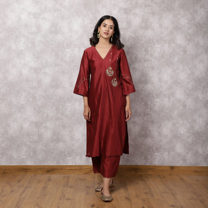 Maroon Chandbali Silk Chanderi Suit Set with dupatta