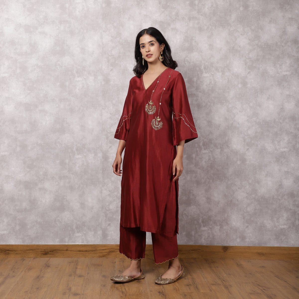 Maroon Chandbali Silk Chanderi Suit Set with dupatta