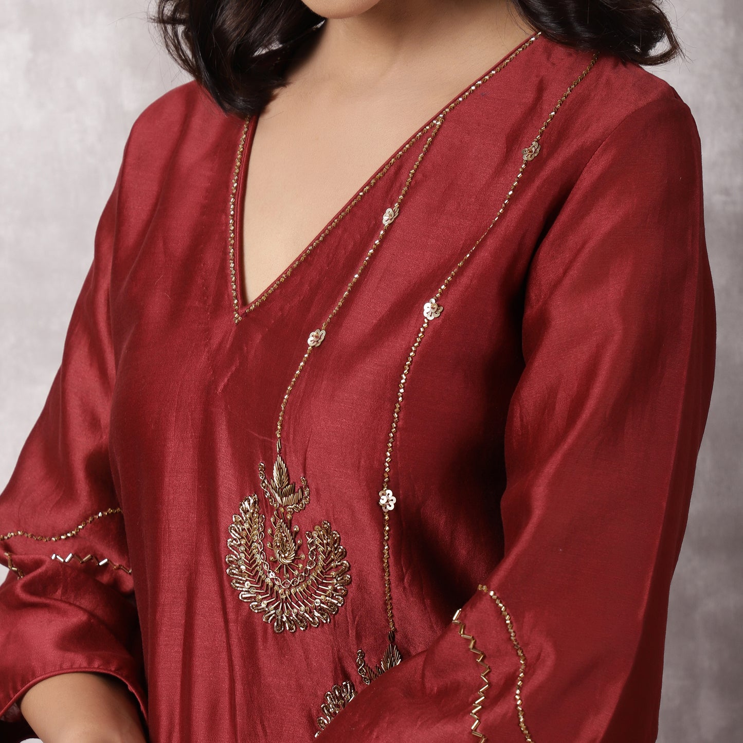 Maroon Chandbali Silk Chanderi Suit Set with dupatta