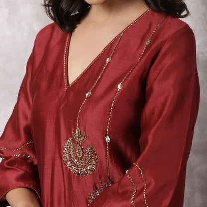 Maroon Chandbali Silk Chanderi Suit Set with dupatta